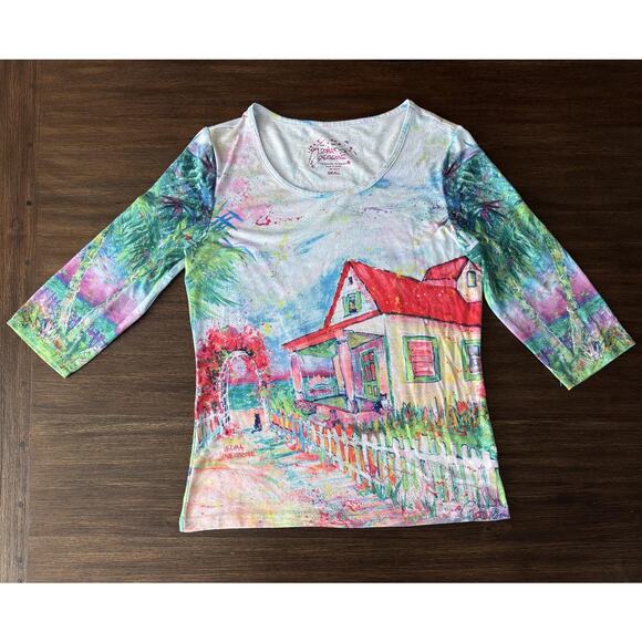 Leoma Lovegrove Tops - Leoma Lovegrove Shirt Womens Small Multicolor Beach Cottage Art 3/4 Sleeve